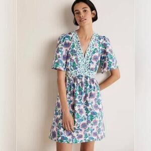 Boden Terrace Bud  Cotton  Purple Floral Mini Dress White/Multi Sz 8P